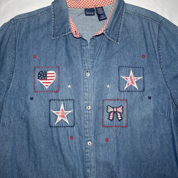 Vintage Basic Edition Women’s Denim Button Up Shirt Size 2X 4th of July USA READ - Picture 2 of 9